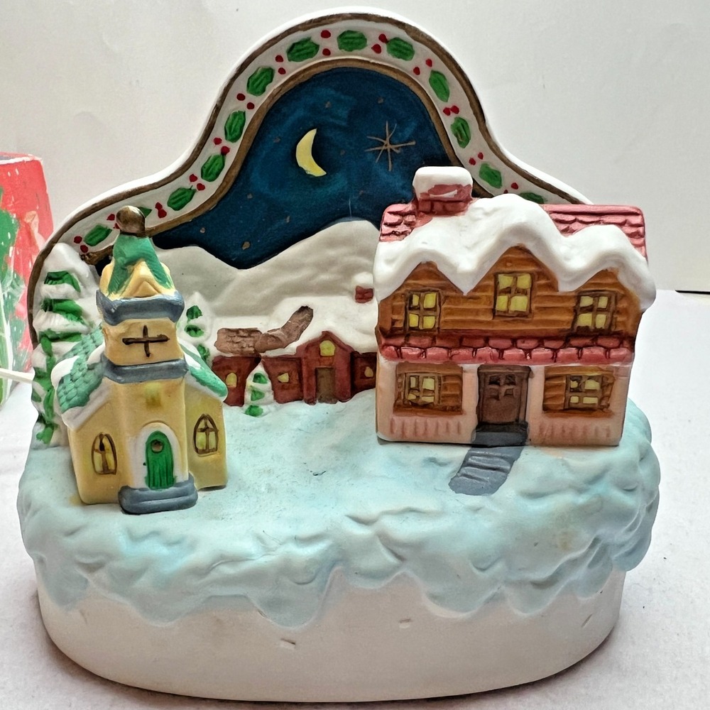 Vintage Porcelain Christmas Night Light Village Scene Church House Works‎ w/ Box